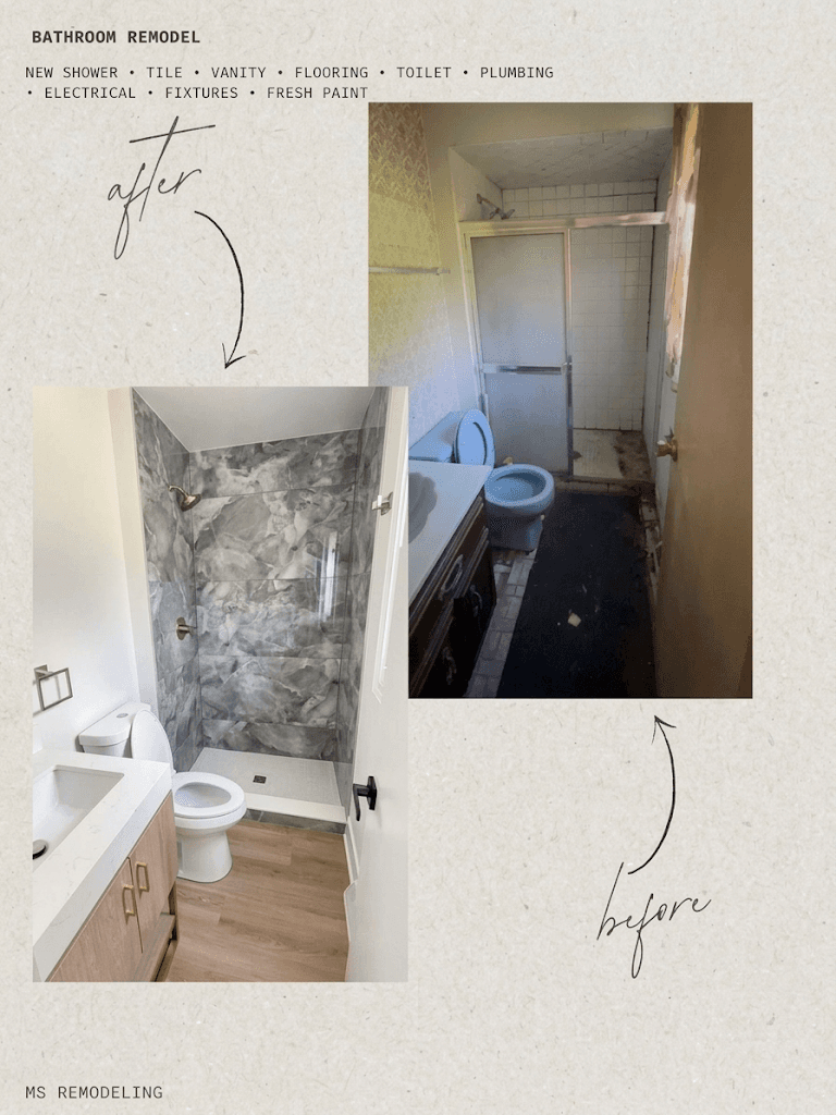 Bathroom remodel before and after: new tiled walk-in shower, wood vanity and vinyl flooring