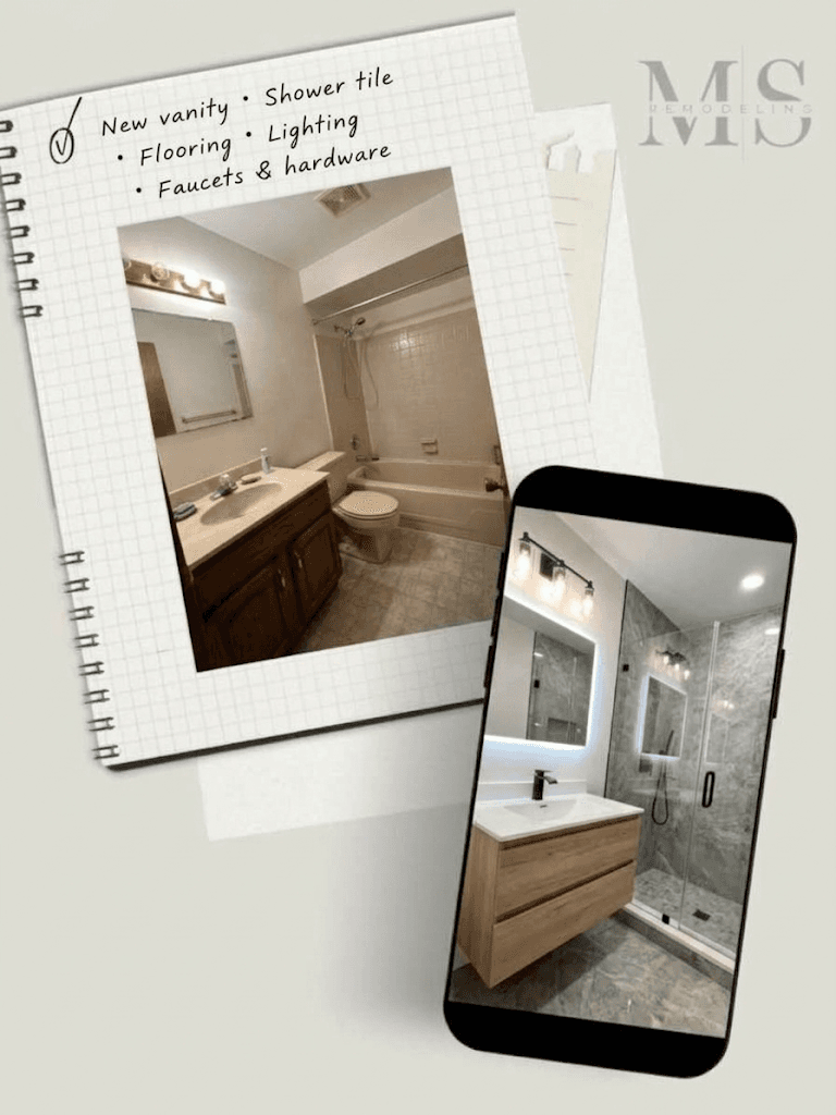 Bathroom remodel before and after: glass shower with gray tile, floating vanity and backlit mirror