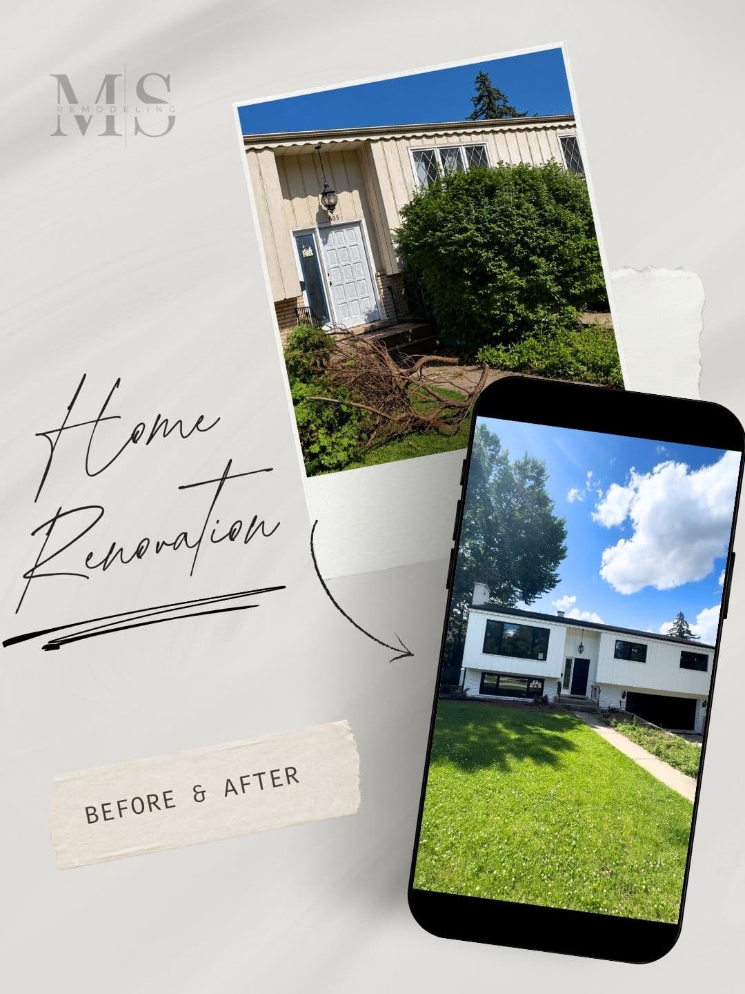Home renovation before and after: overgrown beige split-level house transformed with white siding, black windows and a clean lawn