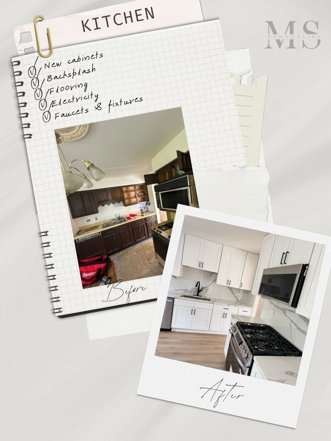 Kitchen remodel before and after: dark wood cabinets replaced with white shaker cabinets, marble-look backsplash and vinyl plank floor